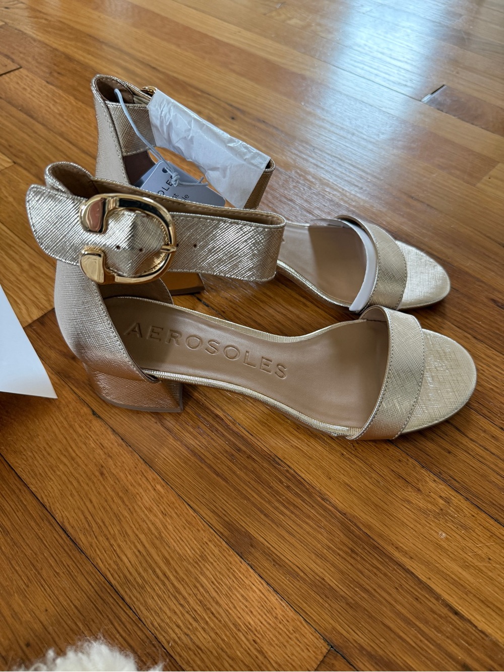 AEROSOLES Metallic Gold Block Heel Sandals